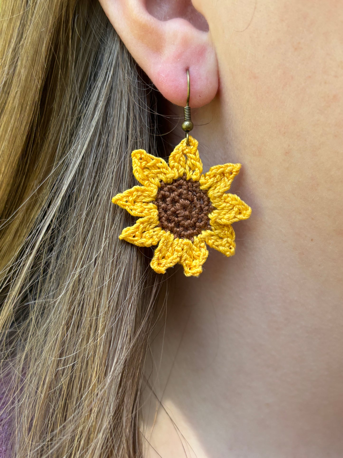 RUTH Sunflower Crochet Earrings – Handmade Floral Jewelry Inspired by Faith & Joy