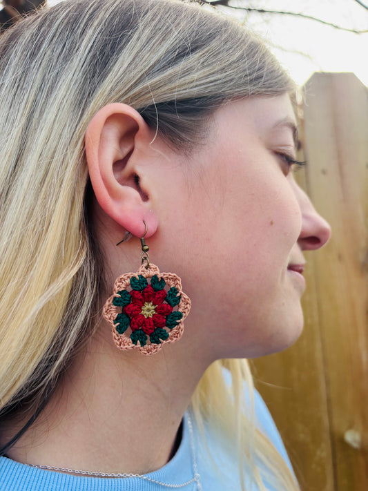 POINSETTIA BLOOM Crochet Earrings – Handmade Christmas Floral Design