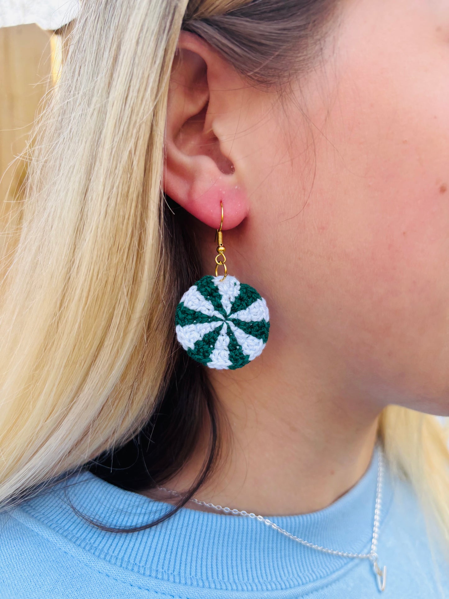MINTY CHRISTMAS Crochet Peppermint Earrings – Red or Green Swirl