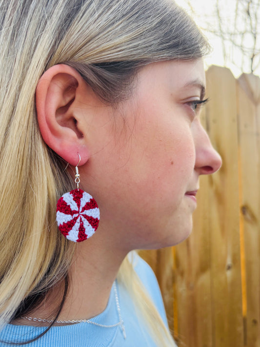 MINTY CHRISTMAS Crochet Peppermint Earrings – Red or Green Swirl